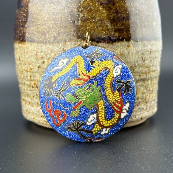 Vintage Round Puffy Double Sided Chinese Dragon Cloisonne Pendant 1.75" Blue - Picture 6 of 13